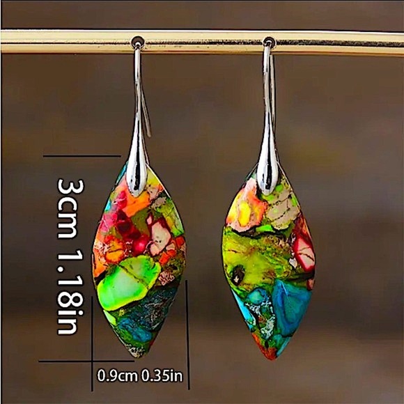 Natural Imperial Stone Leaf Dangle Earrings Boho - Picture 6 of 6